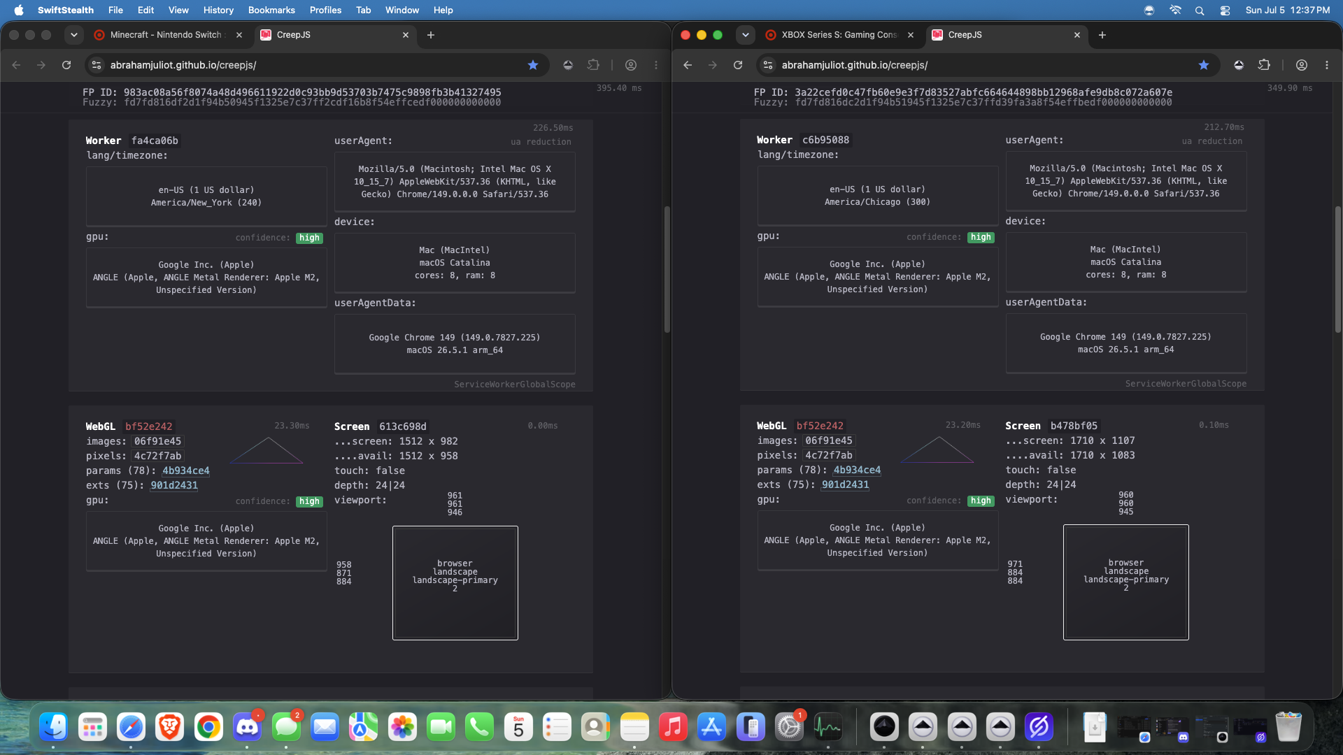 Two SwiftStealth browser windows side by side showing completely different fingerprints on a fingerprinting test site