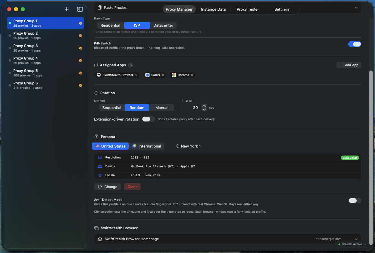 SwiftStealth rotation settings with sequential, random and manual modes plus persona and anti-detect controls