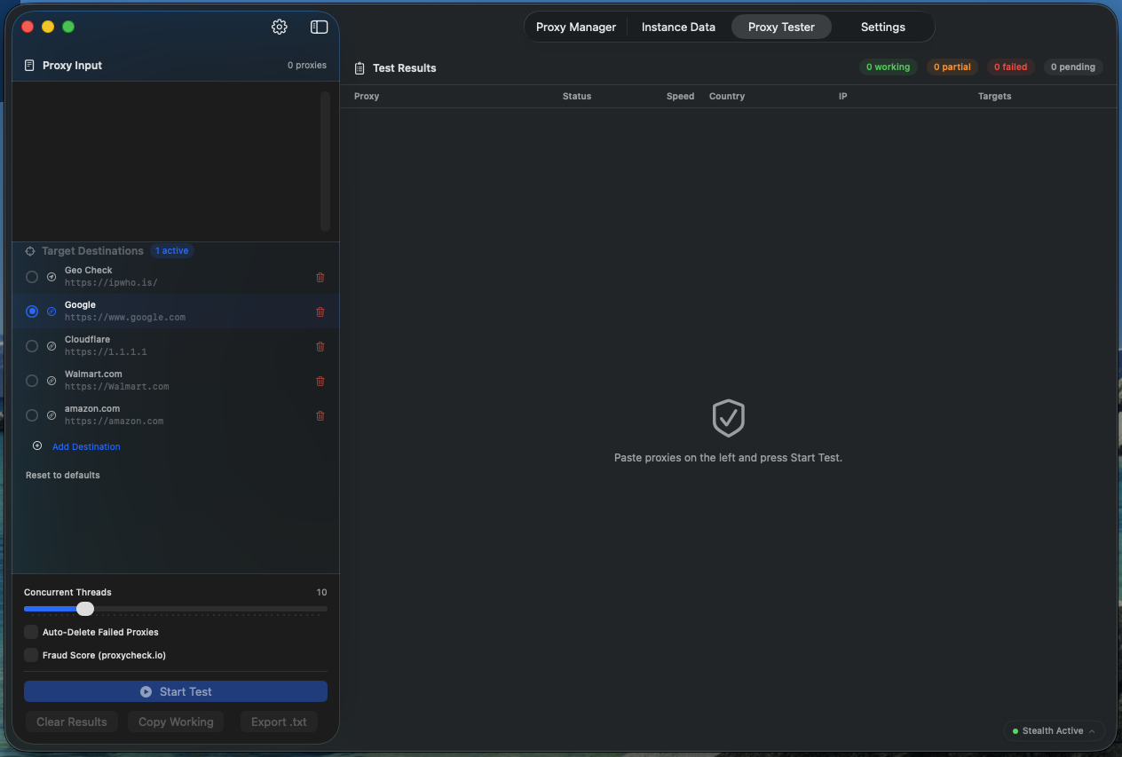 SwiftStealth Proxy Tester with proxy input, target destinations, concurrency and fraud score options