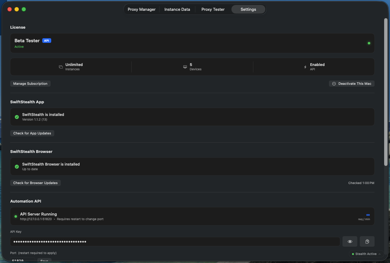 SwiftStealth Settings tab showing license, app, browser and API sections